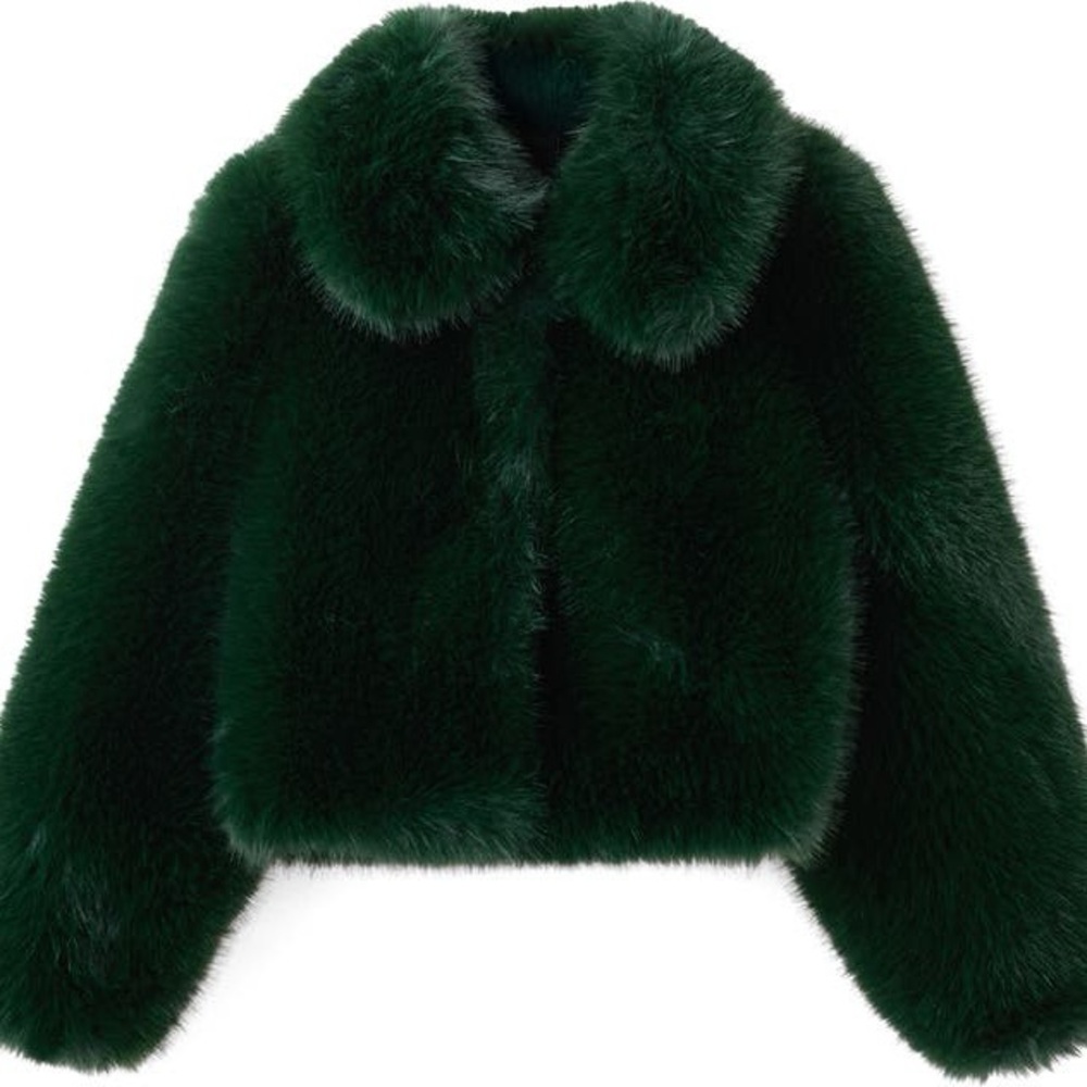 Mango Bola Faux Fur Green Jacket Size L NWT